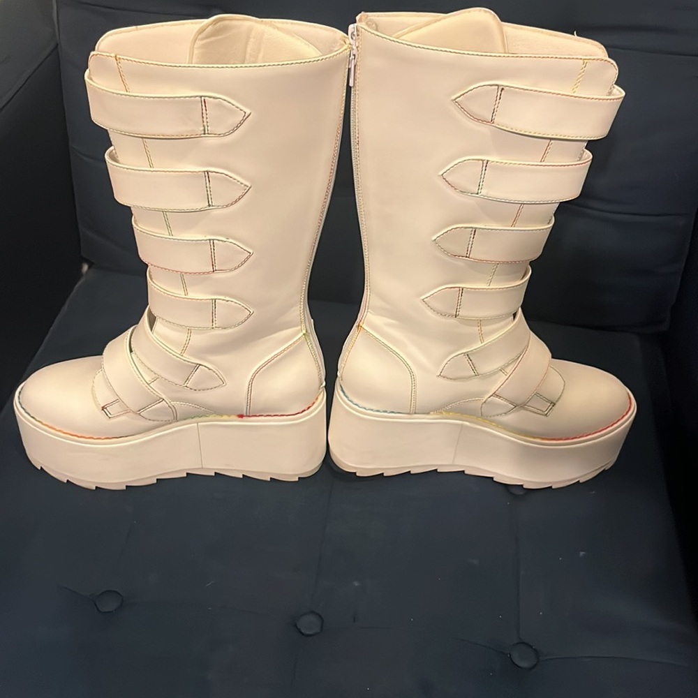 Y.R.U. Karma HI Pride White Platform Boots Rainbow Rave Size 8 - Picture 2 of 14